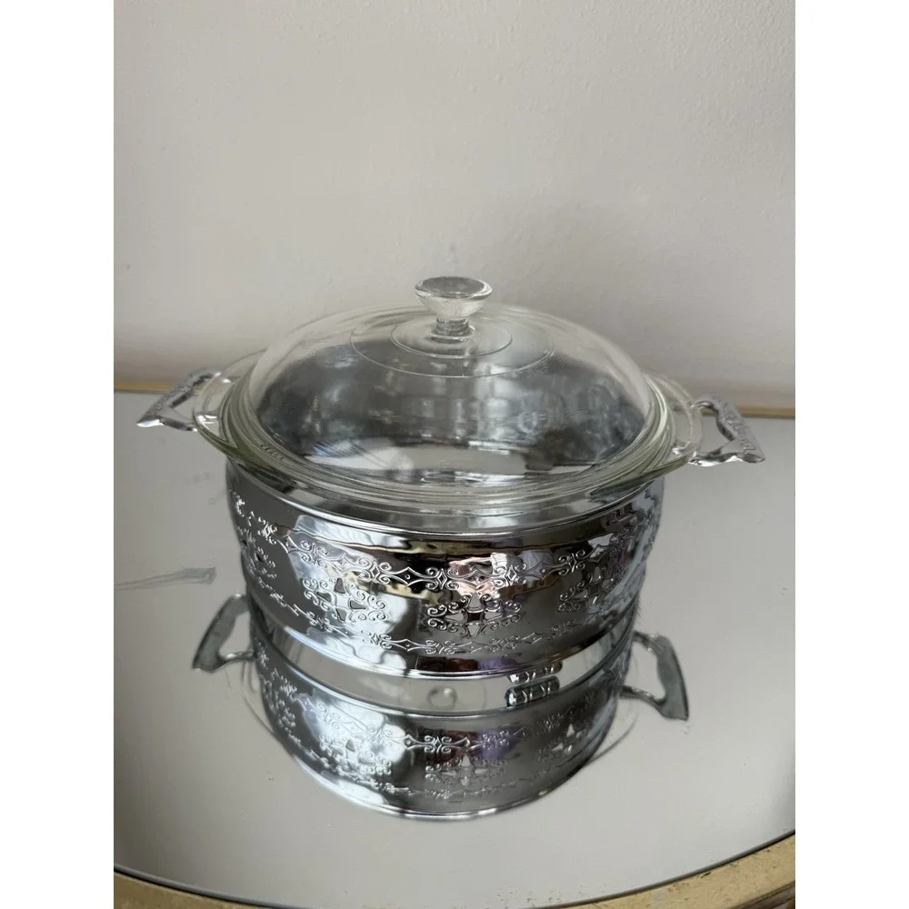 Vintage 1955 Pyrex Serving Casserole Bowl Dish With‎ Glass Lid & Metal Stand